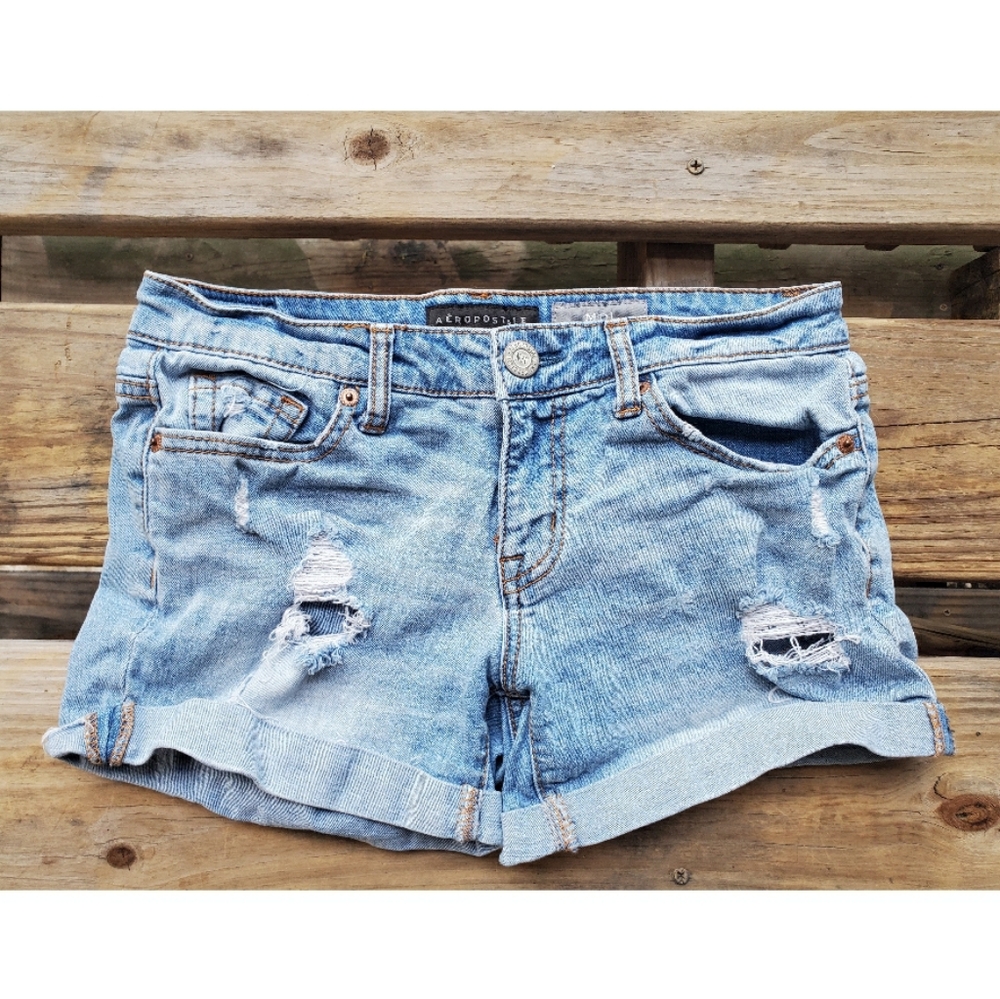 Midi Light Wash Distressed Jean Shorts